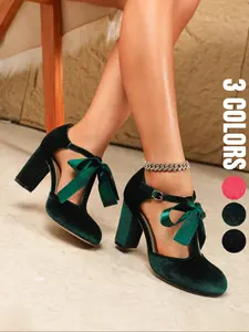 Elegant Vintage Round Toe Chunky Mid Heel Women High Heels, Bow Decorative T-Strap, Textile Upper, Rubber Sole, for Dating, Parties, Daily Commute