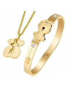 Stainless Steel Couple Bracelets Set, Bear Heart Lock Design, Titanium Steel Rhinestone, Unisex, Hypoallergenic, Perfect Gift