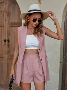 YYTK2025DEC017  Women'S Stylish Light Blue Sleeveless V-Neck Long Vest with Wide Leg Shorts Set - Perfect for Spring/Summer, Casual Attire, Casual Attire|Vneck Design|Polyester Fabri, Summer 2 Piece Outfits Sleeveless Blazer Vest Sets