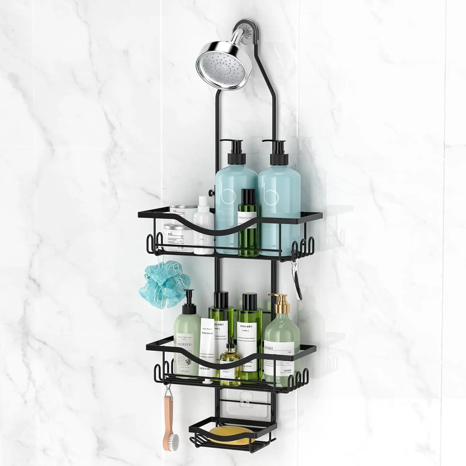 Shower caddy hanging adjustable shower caddy rustproof shower organizer extended length shower caddy over shower head with hooks soap holder large capacity antiswing bathroom organizer black