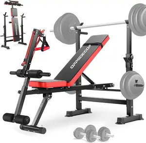 【TikTokShopBlackFriday】OPPSDECOR Adjustable Weight Bench Set With Removable Rowing Leg Catch, 600LBS Foldable Bench Press Set with Squat Rack Flat Incline Sit Up Workout Bench for Home Gym Strength Training