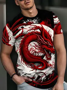 Limited Edition Luxury Men's Ice Silk Short Sleeve T-Shirt, Summer New Business Casual Round Neck Top, Dragon Pattern, Breathable, Loose Fit