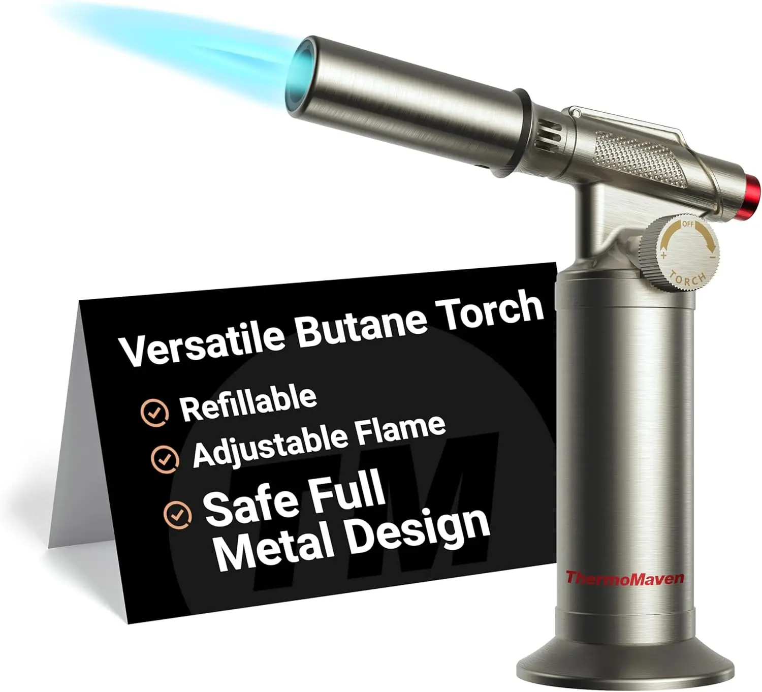 ThermoMaven Metal Butane Torch, Refillable Cooking Kitchen Torch, Fit All Butane Tanks with Adjustable Flame for Culinary Food, Brulee, Baking, Solder