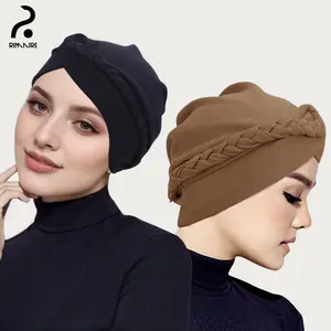 RIMAIRE Stretchy Breathable Muslim Inner Hijab Caps Muslim Braid Design Turban Hats Fashion Islamic Laides Hair Cover Cap Women's Under Scarf Soft Jersey Casual Beige Fit