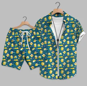 Duck Inspired Hawaiian Set, Funny Duck Anime Tropical Duck Swim Trunk, PKM Yellow Character Aloha Shirt, Summer Beach Vacation Outfit, Funny Cartoon Duck Button Up Shirt, Anime Inspired Tropical Short, Summer Vacation Gift, Gift for Anime Fans
