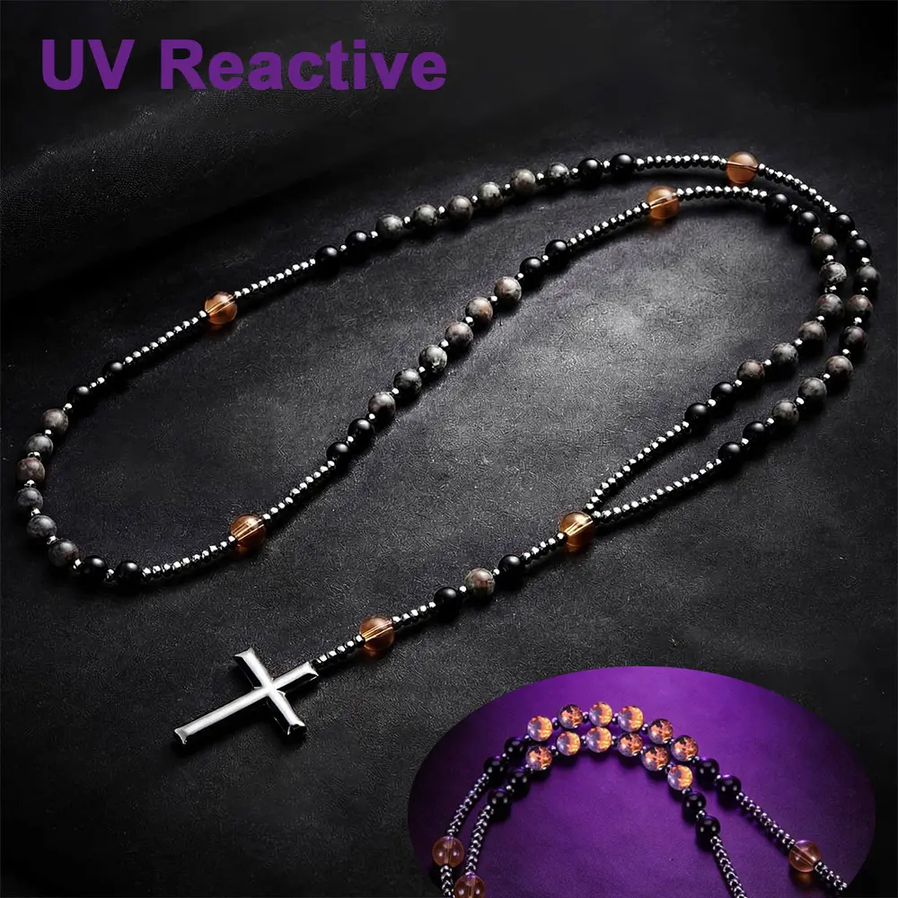 Gothic Long Chain Rosary Necklace with Handmade Black Obsidian & Yooperlite Beads, UV Reactive Cross Pendant Spiritual Jewelry, Crucifix Necklaces, Gothic Necklaces