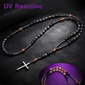 Classic Natural Obsidian Yooperlite Rosary Necklace Prayer Rosary Cross Pendant Chic UV Reactive Protection Handmade Natural Stone Beads Necklace Long Chain Daily Vacations, Party Wear, Jewelry, Holiday Gift