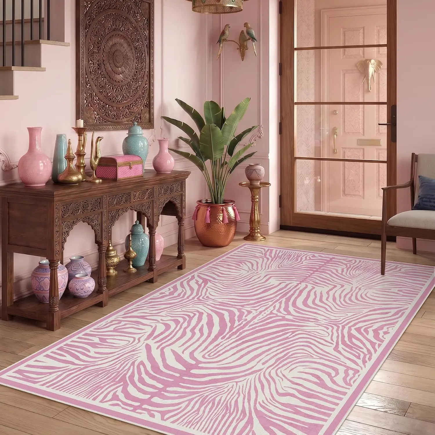 Tribesigns 5x7 Pink Zebra Print Washable Rug for Girls Bedroom Nursery | Soft, non-slip, low-pile abstract animal area rug for living room, dorm, kids playroom, boho decor, includes 4 rug grippers Boho Style Rug Abstract Styled Rug Modern Indoor Rug