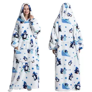 Winter Oversized Hoodies Sweatshirt Cute Cartoon Penguin Super Long Hooded Blanket Flannel Giant Lazy TV Blanket Pajamas