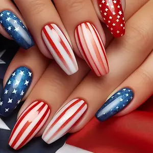 Medium-Length Striped Blue Star Nails, 24 Pcs Detachable Reusable Glossy False Nails, Easy Application for Festivals and Parties