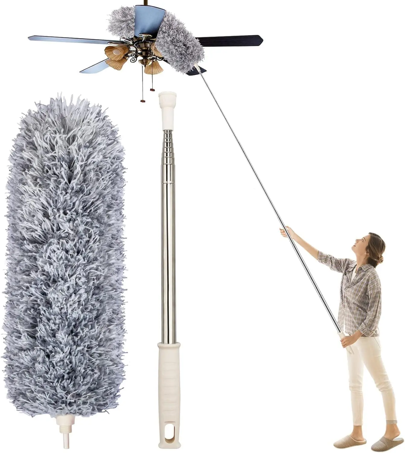 Extendable Microfiber Duster (30-100 Inches) - Bendable Washable Head Cleaning Tool with Long Handle for Ceiling Fans, Blinds, High Places
