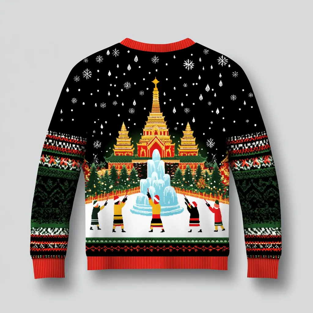 Festive Songkran Ugly Christmas Sweater - Perfect for Holiday Parties & Family Gatherings! Funny Themed Sweater for Men, Women, Kids & Groups