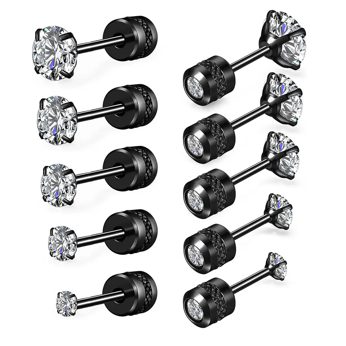 5 pairs of hypoallergenic stud earrings for men, 2-6mm stainless steel earrings, inlaid with cubic zirconia, suitable for men and women to wear