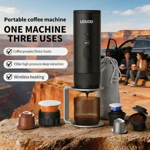 LIOUOU 3-in-1 Portable Espresso Maker, 15 Bar Auto-Heating Coffee Machine with LED Display, Fits GroundCoffee & NS DG Capsules, Portable TravelCoffee Brewer forCar Camping Office