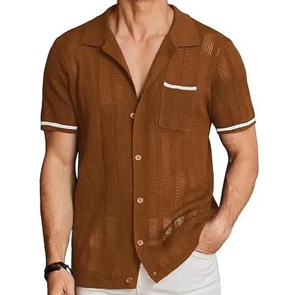COOFANDY Men's Short Sleeve Knit Shirts Vintage Button Down Polo Shirt Casual Beach Tops Menswear Soft Breathable Classic Stylish Fashion