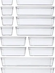 14 PCS Clear Plastic Drawer Organizer Tray, 4 Sizes Desk Drawer Divider Organizers and Storage Bins for Makeup, Kitchen