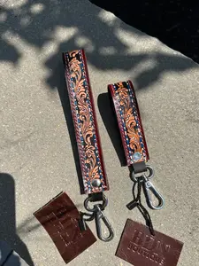 Tooled Leather Keychain - Burgundy/Blue/Floral Design