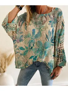 Spring & Summer off-shoulder diamond cutout batwing drop-shoulder loose knit top. Contrast floral print, long sleeve, bohemian & vacation style, casual elegant commute, Casual Boho Breathable. Cover-up for vests and bikinis.
