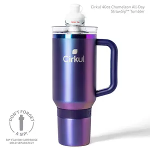 Cirkul 40oz Chameleon All-Day StrawSip Stainless Steel Double Wall Vacuum Insulated Glass Mug with Ergonomic Handle and Reusable Straws for Left and Right Handers, Purple Blended Sky Blue