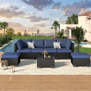 【Multiple packages arrived at different times】AECOJOY 7 Piece Outdoor Patio Furniture Set, PE Rattan Wicker Sofa Set, Outdoor Sectional Furniture Chair Set with Cushions and Tea Table
