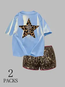 Women's Y2K Leopard Print Two-Piece Set Outfit, Spring & Fall Short Sleeve T-Shirt + Shorts, Slim-Fitting, High Stretch Fabric, Street Style