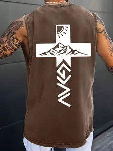 Men's Oversize Sleeveless T-Shirt with Cross Graphic Print, Cotton Fabric Summer Streetwear, Loose Fit Casual High Street Fashion