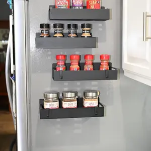 Magnetic Spice Rack Organizer For Refrigerator, Metal Magnetic Shelf For Refrigerator, Strong Magnetic Fridge Shelf for Microwave, Kitchen Organizers Storage Gadgets (4 Pack Black) No Installation needed.