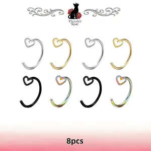 8Pcs Multi-Color Heart Nose Piercing Hoops, Hypoallergenic Stainless Steel Nose Rings in Silver/Gold/Black/Rainbow, Designed for Nostril Piercings