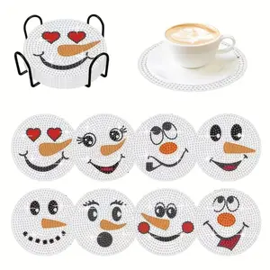 8 pieces/set of irregularly shaped diamond Christmas-style snowman pattern artificial diamond painting art set coasters, DIY crystal diamond painting wooden coasters with stand, suitable for adult office coffee MATS, family coasters, handicrafts
