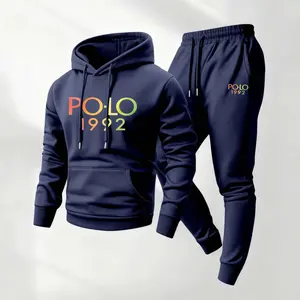 Men's Polo Pattern Print Hoodie and Drawstring Sweatpants Set, Menswear, Casual Athletic Long Sleeve Hooded Jacket & Trousers for Fall & Winter, Men's Clothing for Daily Wear, Sportswear Indoor Outdoor, Tracksuit, Athleisure Minimalist Breathable