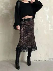 Elegant Leopard Print Lace Trim Straight Tube Skirt, Casual Fashion Skirt, Millennium Style Women's Long Dress, Slimming Design, Fitted, Casual Commute Wear