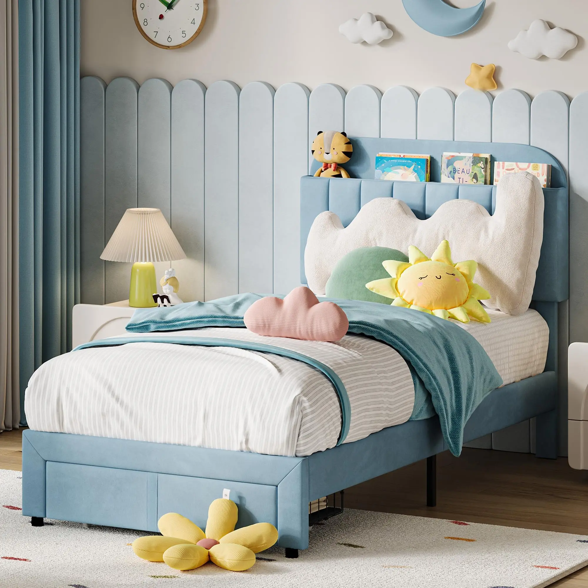 Garvee Twin Velvet Upholstered Platform Bed Frame with Drawer and Bookcase Headboard, Noise-Free, Easy Assembly, No Box Spring Needed, Light Blue - Perfect for Youth Rooms