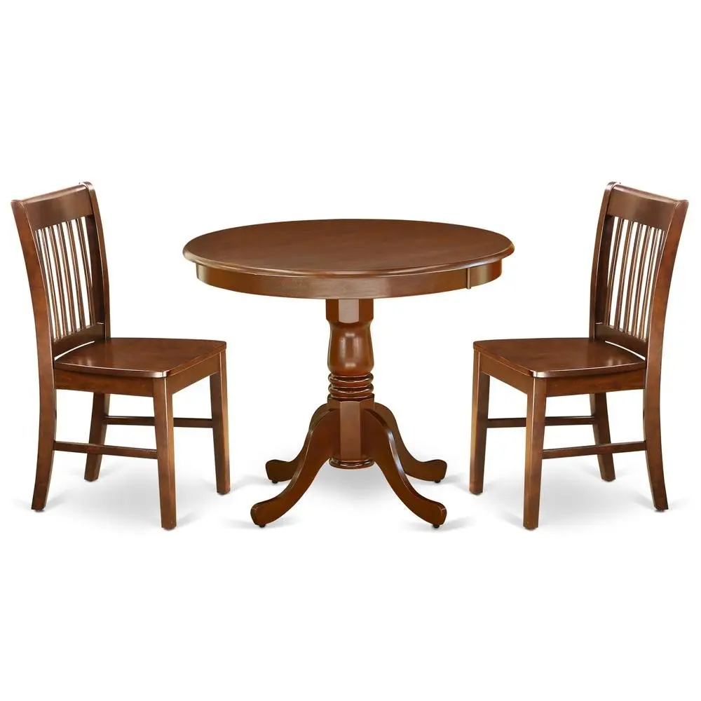 Solid Wood Round Kitchen Table & Chairs 3-Piece Dining Set, Mahogany
