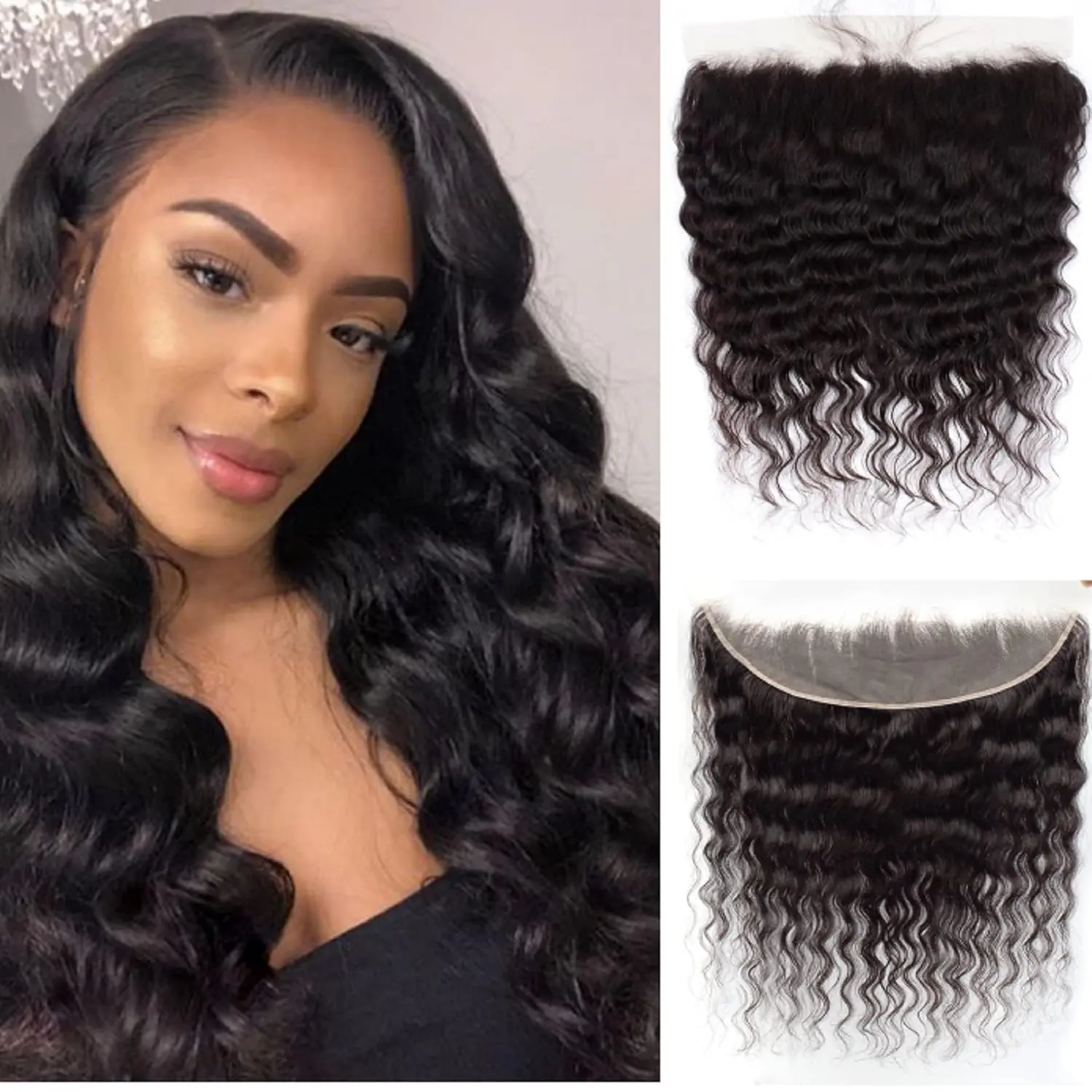 13x4 HD Lace Frontal Closure Loose Wave Ear To Ear Frontal Free Part Closure with Baby Hair Brazilian Virgin Curly Human Hair for Women Pre Plucked Frontals Closure Natural Black
