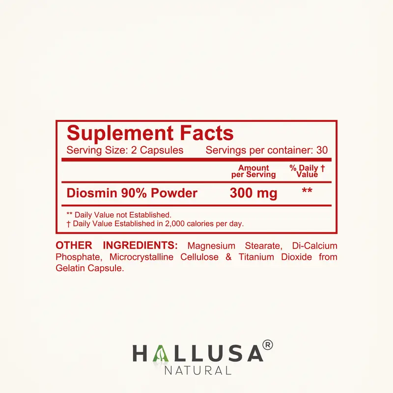 HALLUSA NATURAL HALLOSMINE 300 Mg Diosmin Circulation 60 Capsules Gluten-Free Organic GMO-Free Sugar-Free Supplement for Healthy Circulation & Veins Health Made in USA Dietary 7