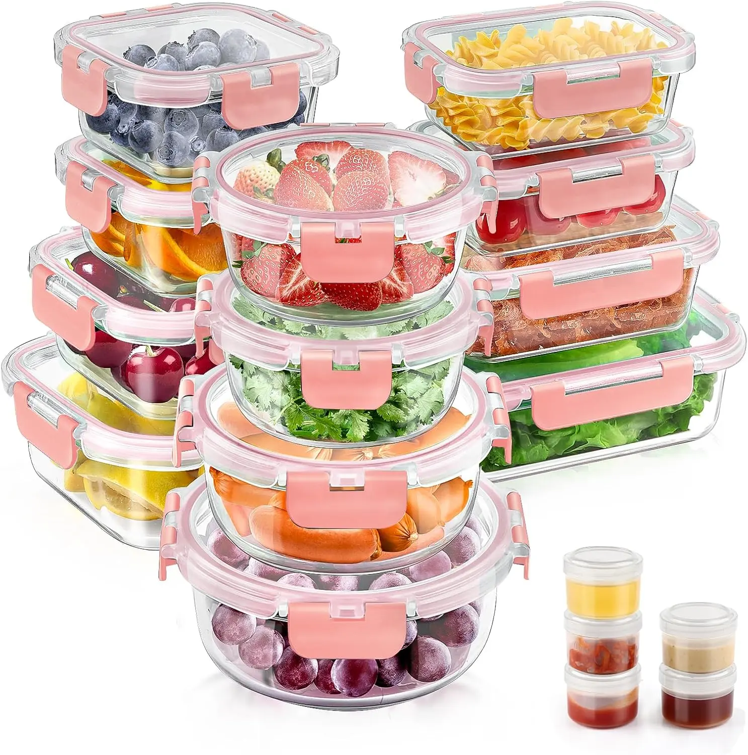 34Pcs Glass Food Storage Containers with Lids Set, Airtight Glass Meal Prep Containers (17 Containers & 17 Lids), Leak Proof Lunch Container Bpa-Free, Microwave, Oven, Freezer, Dishwasher Safe-Pink AMALEKO