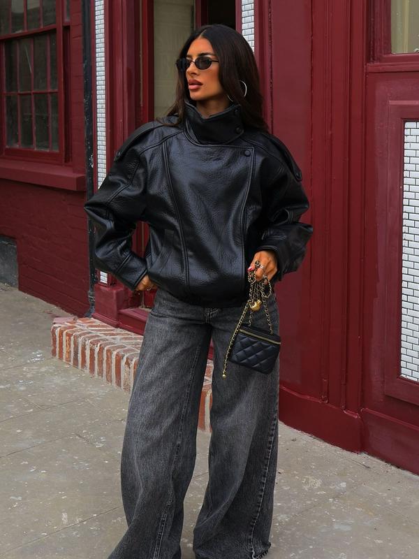 Women's Stand Collar Faux Leather Jacket, Streetwear Casual Long Sleeve Outerwear for Spring & Fall & Winter, Ladies' Waterproof & Windproof Clothes for Daily Wear, Oversized Jacket for Women