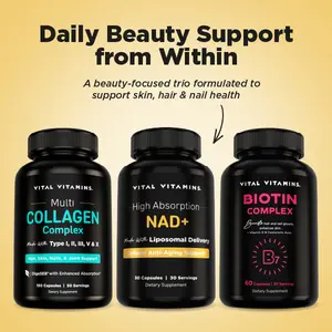 Vital Vitamins Beauty Bundle - Multi Collagen Capsules, Biotin Complex, NAD+ Dietary Nail Supplement for Hair Skin & Nails Natural Healthy Healthcare Fitness Edible