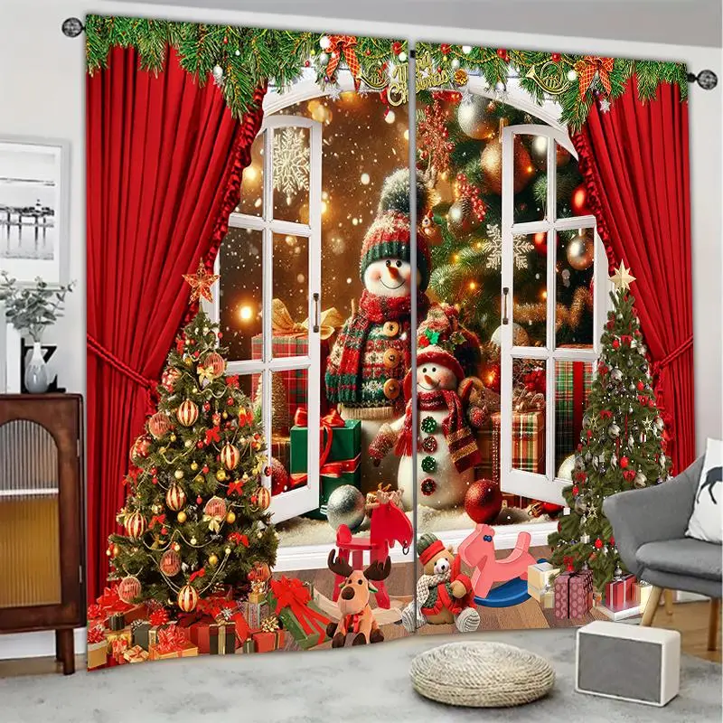 Merry Christmas Themed Curtain, 2 Counts/set Semi Blackout Curtain, Window Curtain for Home Living Room Bedroom Office Decor