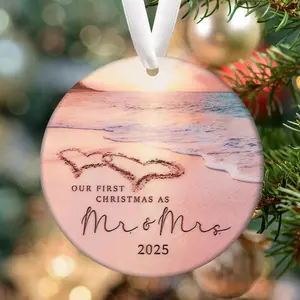 Our First Christmas As Mr and Mis 2025, Beach Round Ceramic Home Decoration, Christmas Tree Pendant, Window Fireplace Garden Hanging Decorations, Christmas Wedding Home Ornament for Couples, Xmas Newlywed Engaged Gifts