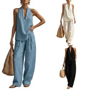 Summer Bohemia Linen Set for Women - Halter Neck Sleeveless Top & Loose Wide Leg Pants, Beach Vacation Brunch Casual Outfit Women’s Halter Neck V Neck 2 Piece Set Casual Linen Beach Vacation Outfit Women's Fashion, Womenswear Breathable Sleeved Fabric