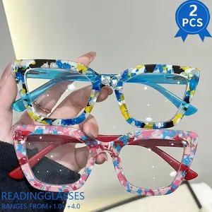 2PCS New Women's Fashion Retro Square Trendy Floral High-Definition Reading Glasses - Elegant Artsy Minimalist PC Material,  1.0 4.0 Diopter, Lightweight and Durable, Suitable for Daily Computer Office Reading Reading Eyeglasses