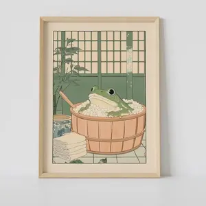Japanese Frog in a Bathtub Print, Japanese Bathroom Wall Art, Japandi Art, Relaxing Poster, Japanese Wall Decor, Bathroom Decor