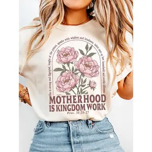 Cotton Retro Motherhood Is Kingdom Work  Shirt, Mothers Day Shirt, Christian Mom,Religious Boho Floral Bible Shirt,Mom Life Tee