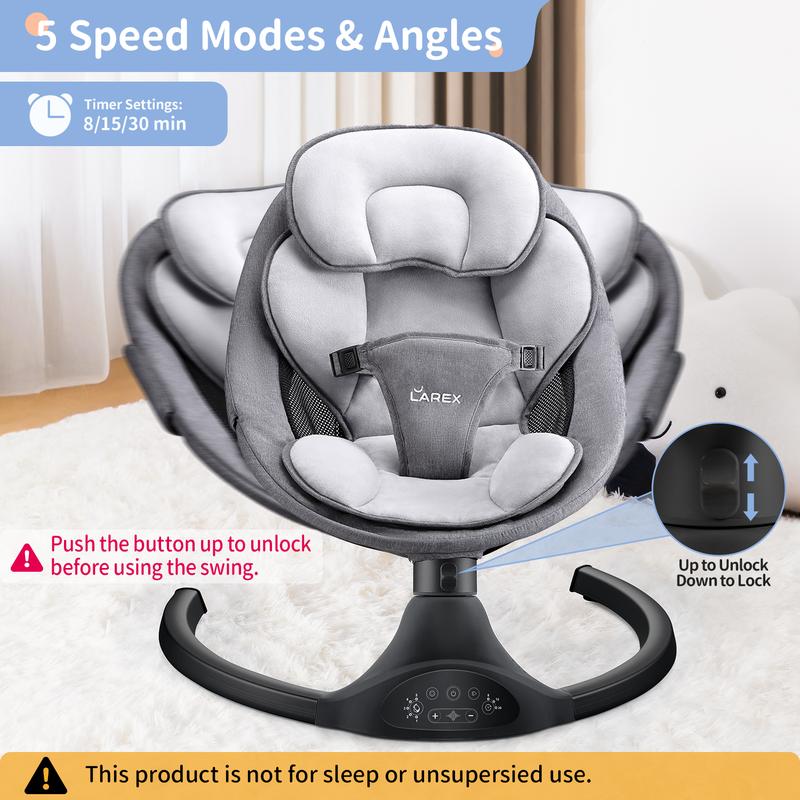 LAREX Baby Swing for Infants | Electric Bouncer for Babies,Portable Swing for Baby Boy Girl,Remote Control Indoor Baby Rocker with 5 Sway Speeds,1 Seat Positions,10 Music and Bluetooth (Black)