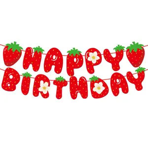 A set of "Happy Birthday Strawberry" banners, strawberry-themed birthday party decorations, sweet berry-style girl party decorations, suitable for parties, strawberry-themed parties, birthdays, and other occasions.
