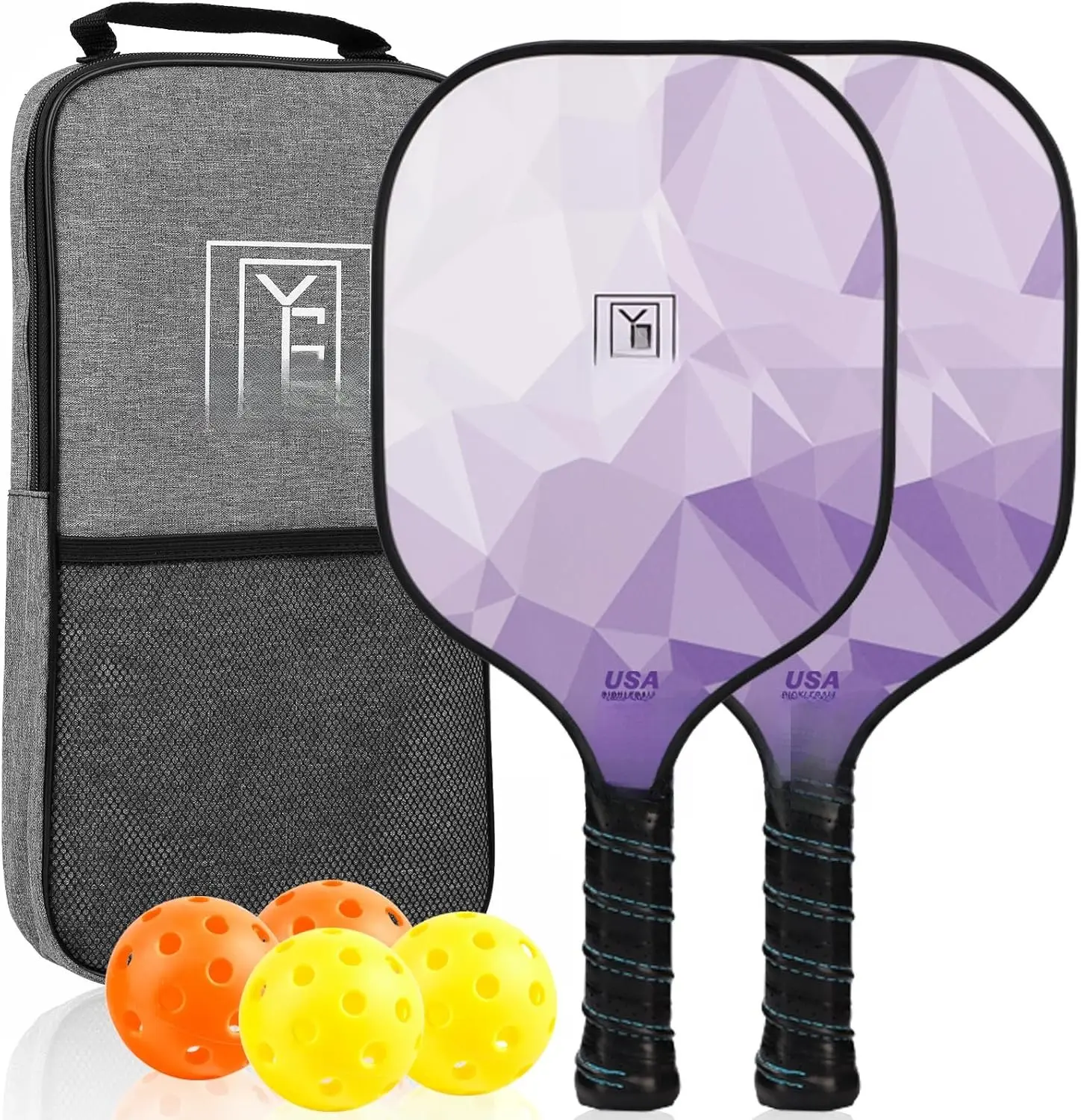 Pickleball Paddles Set of 2, 2025 USAPA Approved Pickleball Set, Fiberglass Lightweight Pickle Ball Rackets 2 Pack, 2 Outdoor Pickleball, 2 Indoor Pickleball Balls, 1 Pickleball Bag for Women and Men