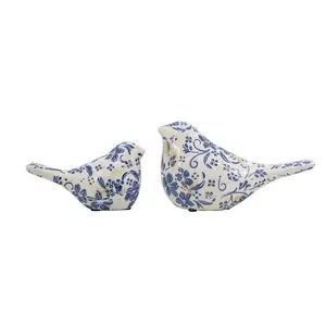 Design Marry Set of 2 Chinoiserie Ceramic Birds L:8x3.5x4.5 S:6x3x3.5 Decor Floral Ornaments for Mantel Shelf or Tabletop Gift Delftware Pottery