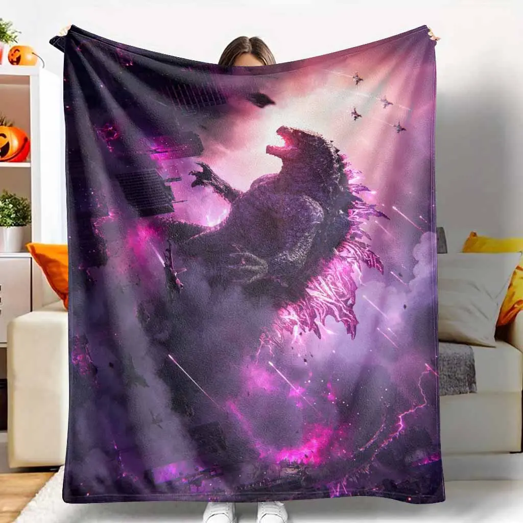 Giant Kaiju Flannel Blanket Purple City Monster Battle Print Soft Warm Lightweight Cozy Throw for Sofa Bedroom Movie Night Dorm Travel Gift for Fans