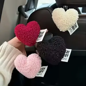 Cute Backrest Car Hook Heart Plush Car Interior Accessories Girls Universal Car Headrest Clothes Handbag Hanging Storage Organizer Hooks Stand Decoration Car Seat Decorative
